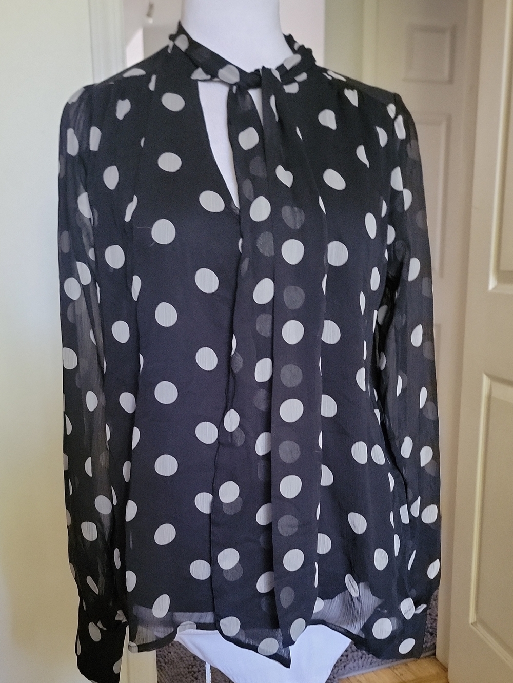 Black Polka Dot Tie-Neck Blouse